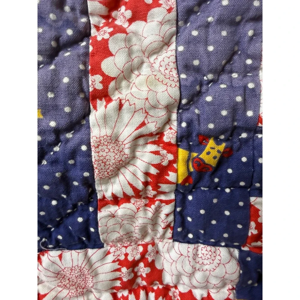 Vintage Handmade Patchwork Quilt Red White Blue Floral Giraffe Nursery Lap Throw